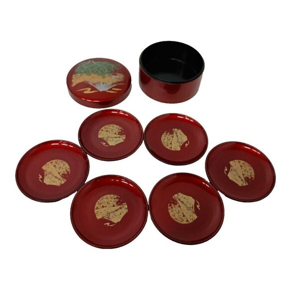 Vintage 1950s Japanese Asian Lacquered Coasters With Box Hand Painted Set Of 5 - Picture 1 of 7
